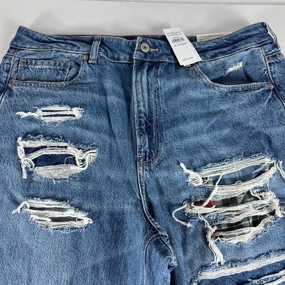 American Eagle Jeans Women's 16R Mom Straight Jean Blue Faded Distressed Denim - Picture 2 of 16